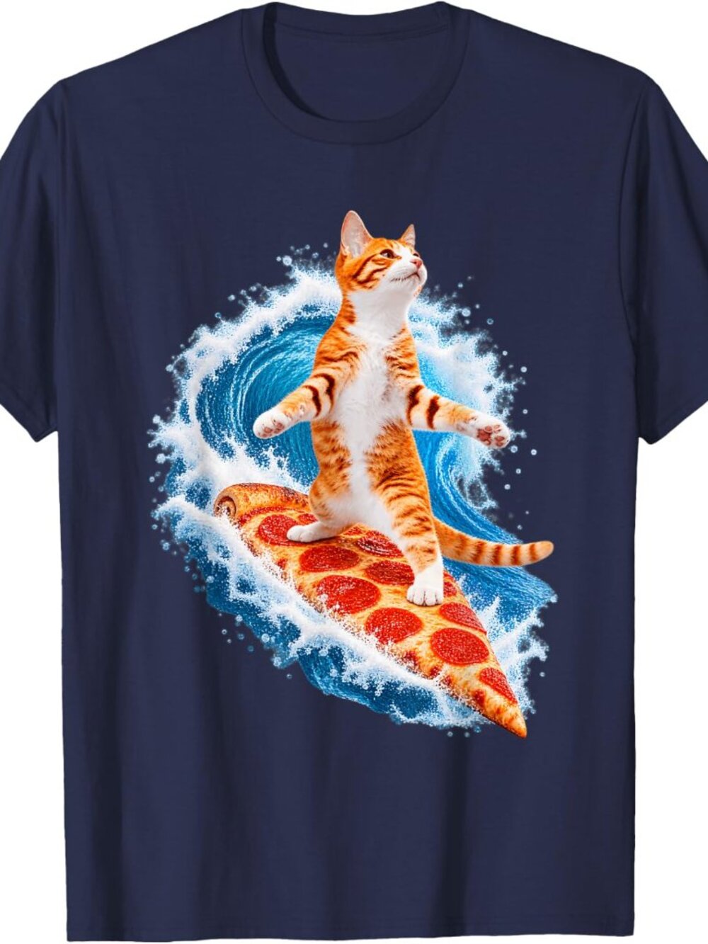 Cat Surfing On Pizza Slice Funny Surfer Kitten Cool Wave Art T-Shirt